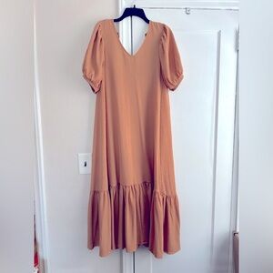 V-Neck Tie Back Detail Short Puffed Sleeve Tiered Ruffled Hem Midi Dress